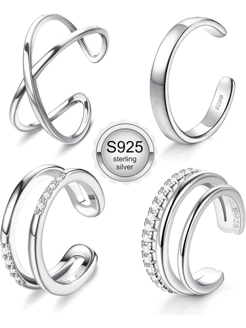 4 Pcs Adjustable 925 Sterling Silver Ear Cuffs for Women - Non-Piercing Clip-On
